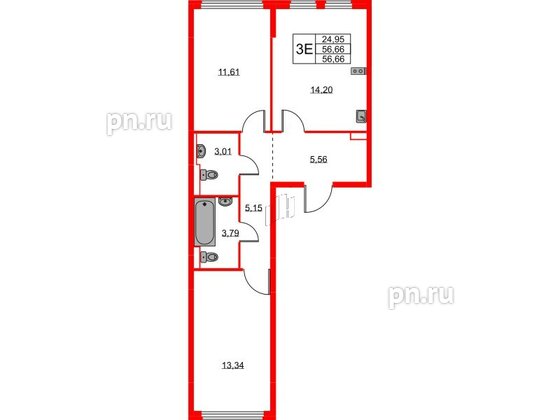 Квартира в ЖК Новое Колпино, 2 комнатная, 56.66 м², 1 этаж