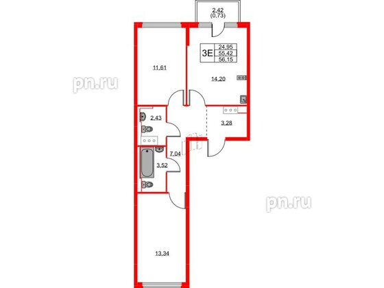 Квартира в ЖК Новое Колпино, 2 комнатная, 56.15 м², 3 этаж