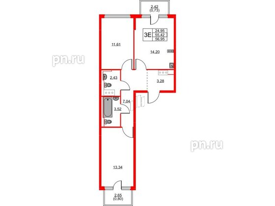 Квартира в ЖК Новое Колпино, 2 комнатная, 56.95 м², 7 этаж