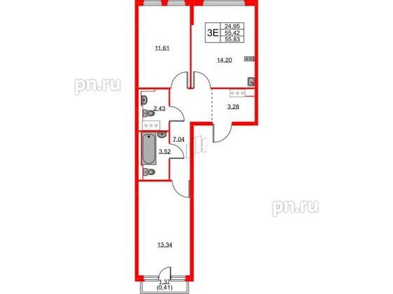 Квартира в ЖК Новое Колпино, 2 комнатная, 55.83 м², 10 этаж