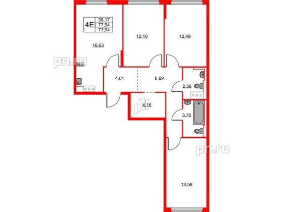 Квартира в ЖК Новое Колпино, 3 комнатная, 77.94 м², 9 этаж