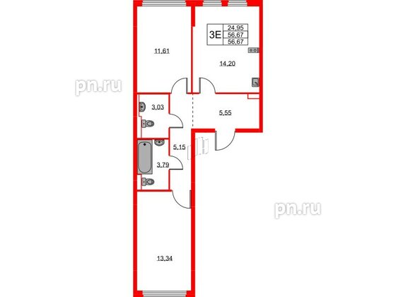 Квартира в ЖК Новое Колпино, 2 комнатная, 56.67 м², 1 этаж