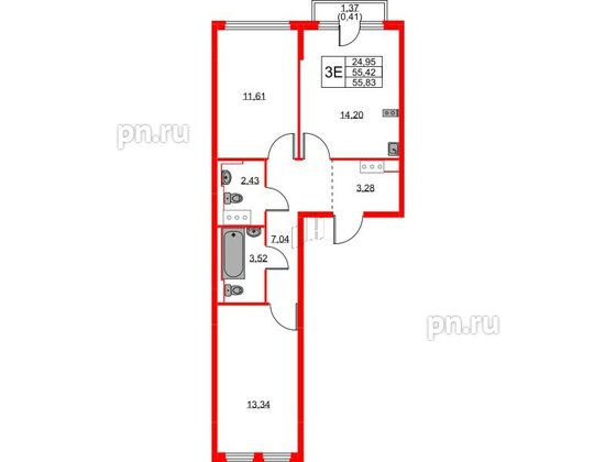 Квартира в ЖК Новое Колпино, 2 комнатная, 55.83 м², 11 этаж