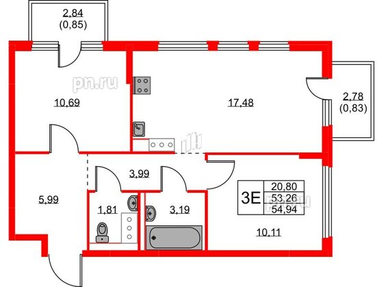 Квартира в ЖК Новое Колпино, 2 комнатная, 54.94 м², 3 этаж