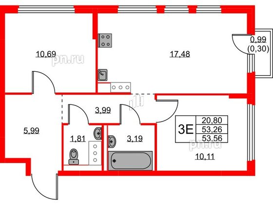 Квартира в ЖК Новое Колпино, 2 комнатная, 53.56 м², 9 этаж