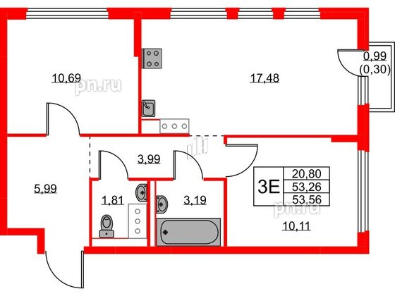 Квартира в ЖК Новое Колпино, 2 комнатная, 53.56 м², 11 этаж