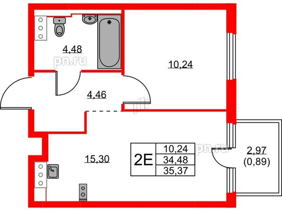 Квартира в ЖК Новое Колпино, 1 комнатная, 35.37 м², 6 этаж