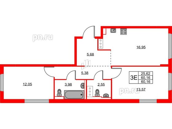 Квартира в ЖК Новое Колпино, 2 комнатная, 60.16 м², 2 этаж