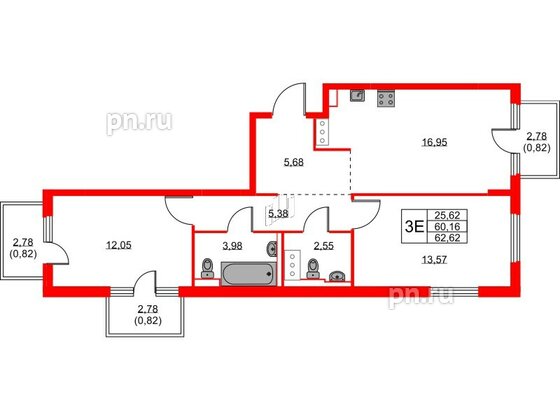 Квартира в ЖК Новое Колпино, 2 комнатная, 62.62 м², 4 этаж