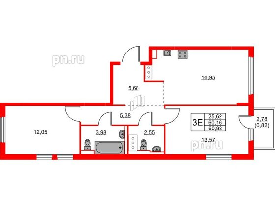 Квартира в ЖК Новое Колпино, 2 комнатная, 60.98 м², 7 этаж