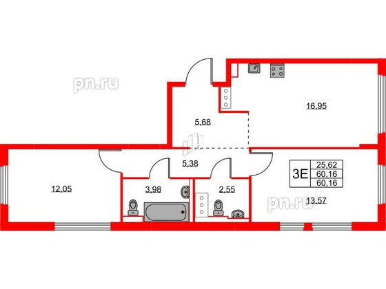 Квартира в ЖК Новое Колпино, 2 комнатная, 60.16 м², 8 этаж