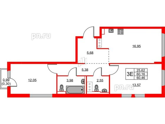 Квартира в ЖК Новое Колпино, 2 комнатная, 60.46 м², 11 этаж