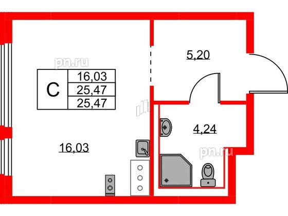 Квартира в ЖК Новое Колпино, студия, 25.47 м², 4 этаж