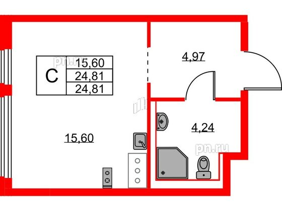 Квартира в ЖК Новое Колпино, студия, 24.81 м², 6 этаж