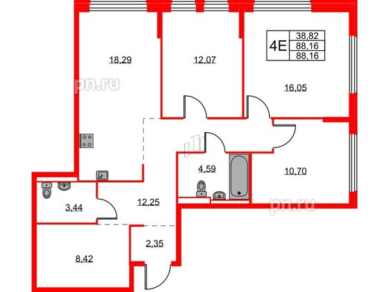 Квартира в ЖК Новое Колпино, 3 комнатная, 88.16 м², 1 этаж