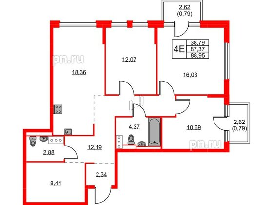 Квартира в ЖК Новое Колпино, 3 комнатная, 88.95 м², 4 этаж