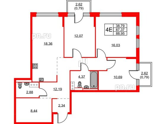 Квартира в ЖК Новое Колпино, 3 комнатная, 88.95 м², 6 этаж