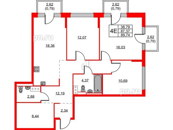 Квартира в ЖК Новое Колпино, 3 комнатная, 89.74 м², 8 этаж