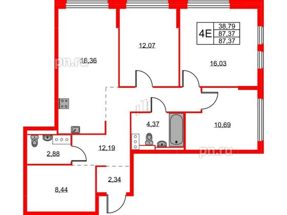 Квартира в ЖК Новое Колпино, 3 комнатная, 87.37 м², 9 этаж