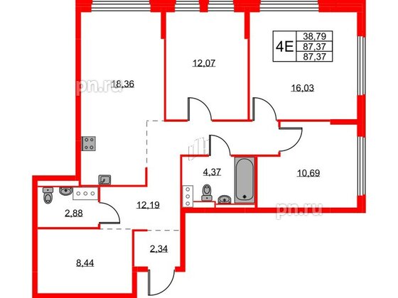 Квартира в ЖК Новое Колпино, 3 комнатная, 87.37 м², 10 этаж