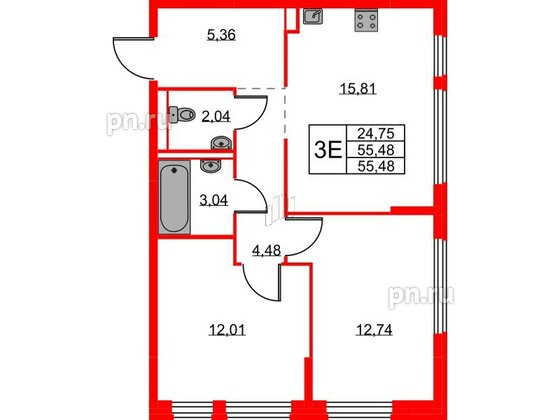 Квартира в ЖК Новое Колпино, 2 комнатная, 55.48 м², 1 этаж