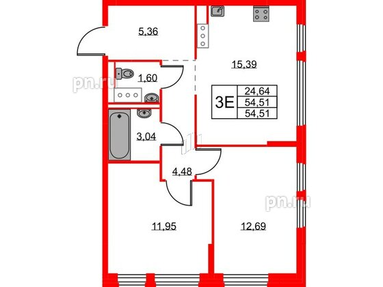 Квартира в ЖК Новое Колпино, 2 комнатная, 54.51 м², 2 этаж