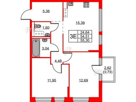 Квартира в ЖК Новое Колпино, 2 комнатная, 55.3 м², 3 этаж