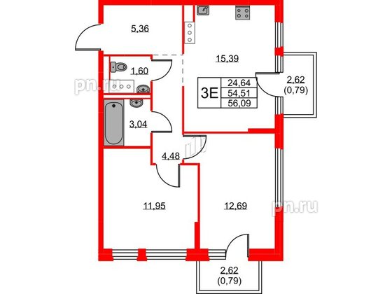 Квартира в ЖК Новое Колпино, 2 комнатная, 56.09 м², 4 этаж