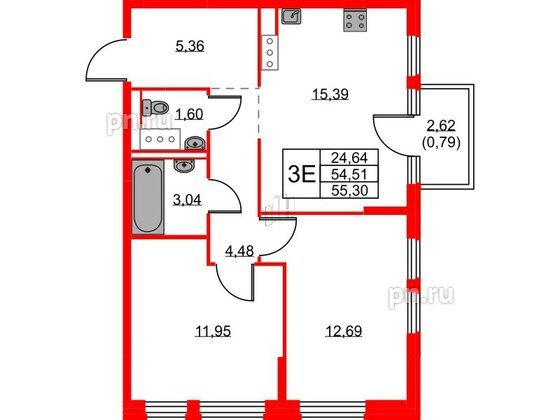 Квартира в ЖК Новое Колпино, 2 комнатная, 55.3 м², 8 этаж