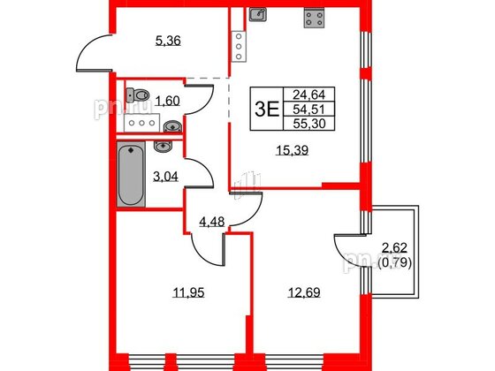 Квартира в ЖК Новое Колпино, 2 комнатная, 55.3 м², 10 этаж