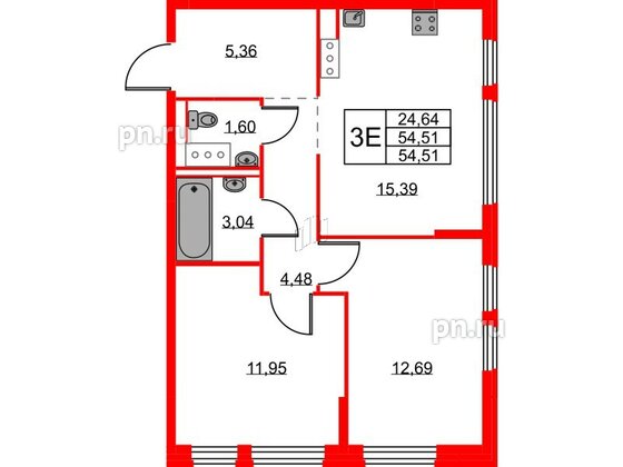 Квартира в ЖК Новое Колпино, 2 комнатная, 54.51 м², 11 этаж