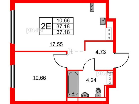 Квартира в ЖК Новое Колпино, 1 комнатная, 37.18 м², 9 этаж