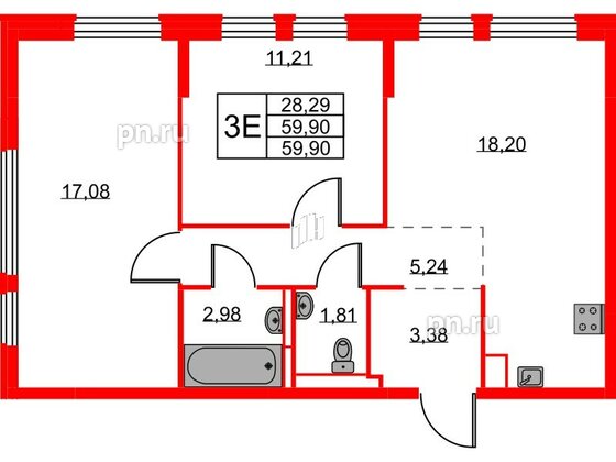 Квартира в ЖК Новое Колпино, 2 комнатная, 59.9 м², 1 этаж