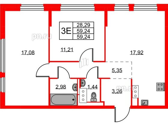 Квартира в ЖК Новое Колпино, 2 комнатная, 59.24 м², 2 этаж