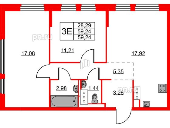 Квартира в ЖК Новое Колпино, 2 комнатная, 59.24 м², 4 этаж