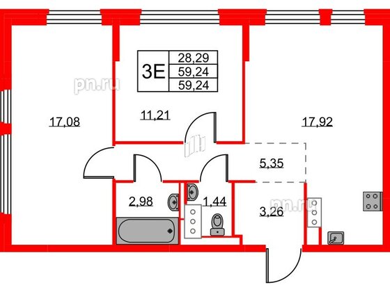 Квартира в ЖК Новое Колпино, 2 комнатная, 59.24 м², 6 этаж