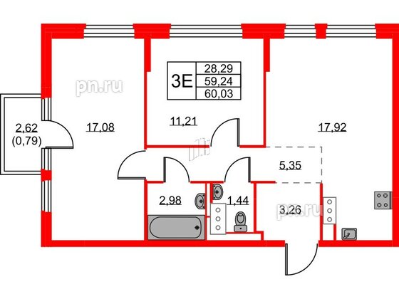 Квартира в ЖК Новое Колпино, 2 комнатная, 60.03 м², 8 этаж