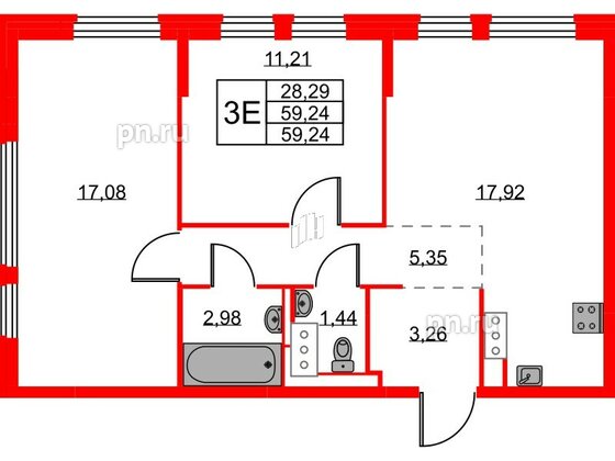 Квартира в ЖК Новое Колпино, 2 комнатная, 59.24 м², 10 этаж