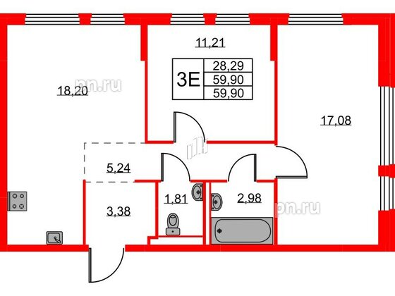 Квартира в ЖК Новое Колпино, 2 комнатная, 59.9 м², 1 этаж