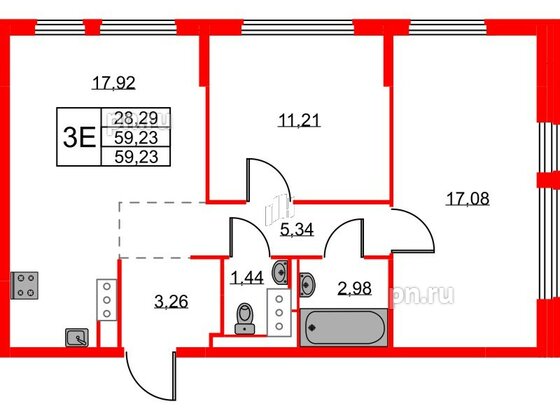 Квартира в ЖК Новое Колпино, 2 комнатная, 59.23 м², 6 этаж