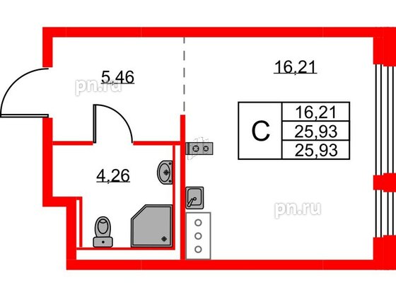 Квартира в ЖК Новое Колпино, студия, 25.93 м², 3 этаж