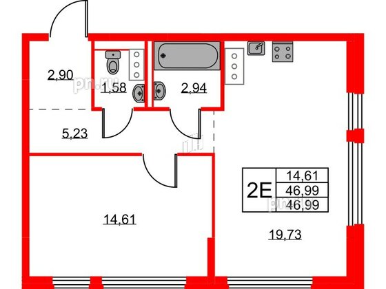 Квартира в ЖК Новое Колпино, 1 комнатная, 46.99 м², 2 этаж