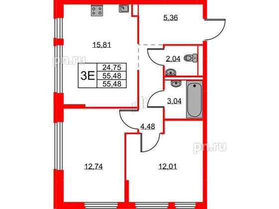 Квартира в ЖК Новое Колпино, 2 комнатная, 55.48 м², 1 этаж