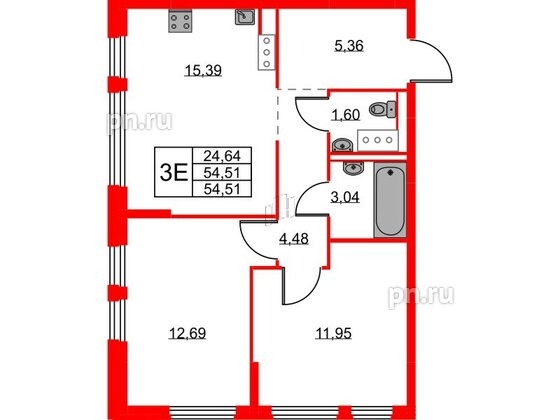 Квартира в ЖК Новое Колпино, 2 комнатная, 54.51 м², 2 этаж