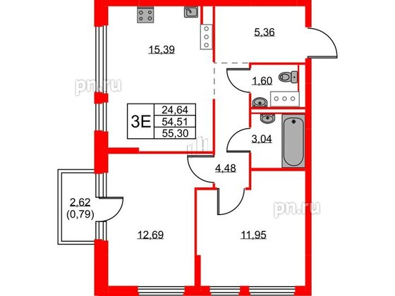 Квартира в ЖК Новое Колпино, 2 комнатная, 55.3 м², 3 этаж