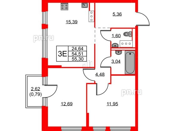 Квартира в ЖК Новое Колпино, 2 комнатная, 55.3 м², 6 этаж