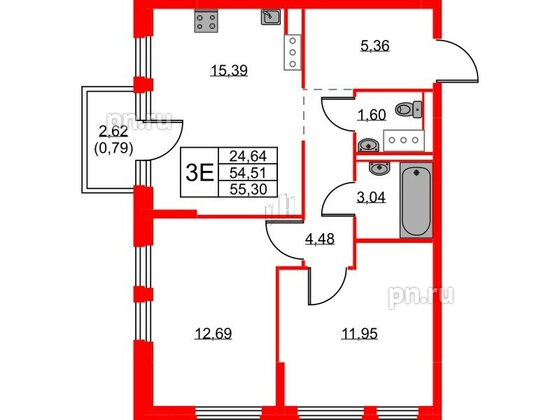 Квартира в ЖК Новое Колпино, 2 комнатная, 55.3 м², 8 этаж