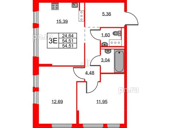 Квартира в ЖК Новое Колпино, 2 комнатная, 54.51 м², 11 этаж