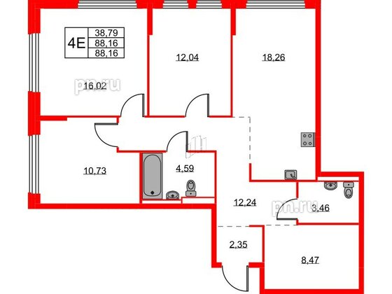 Квартира в ЖК Новое Колпино, 3 комнатная, 88.16 м², 1 этаж