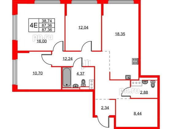 Квартира в ЖК Новое Колпино, 3 комнатная, 87.36 м², 2 этаж